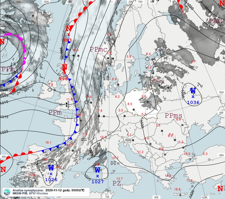 Mapa synoptyczna na czwartek 12 listopada