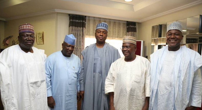 L-R: Senate Majority Leader, Senator Ahmed Lawan; Zamfara State Governor, Abdulaziz Yari; Senate President Bukola Saraki; Senator Danjuma Goje; and Speaker of the House of Representatives, Yakubu Dogara after a meeting (The Senate)