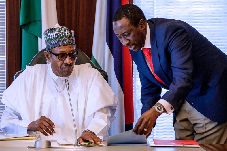 President Muhammadu Buhari with National Security Adviser, Babagana Monguno (Presidency)