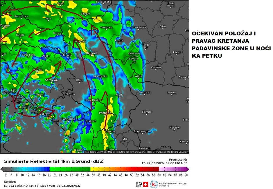 Kretanje padavina u noći ka petku