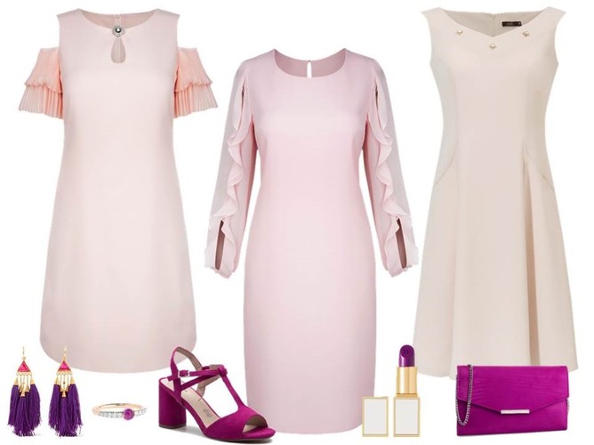 STYLIZACJE na komunię: sukienka z odkrytymi ramionami i falbanami na krótkim rękawku - Modern Line/modernline.pl, sukienka z długim rękawem - Modern Line/modernline.pl, rozkloszowana sukienka bez rękawów - Trynite/trynite.pl, buty, torebka- Menbur/menbur.pl, dodatki – TK Maxx