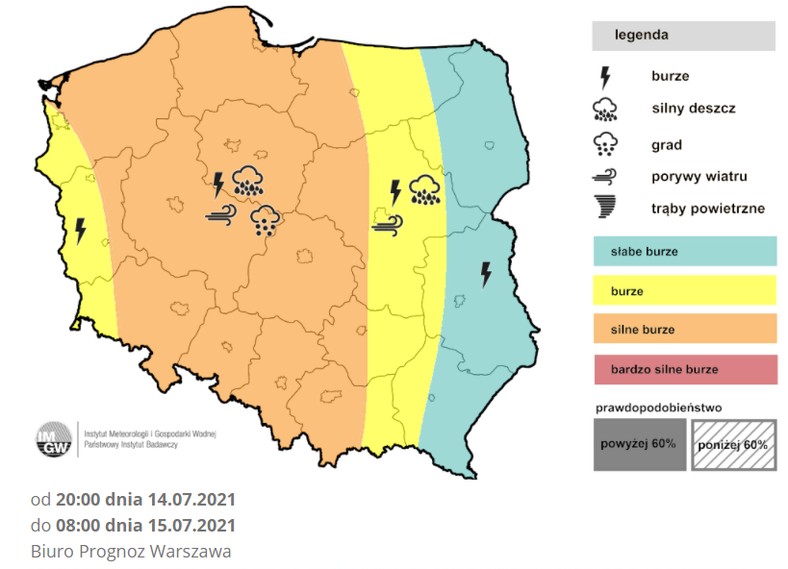 Prognoza burz na noc ze środy na czwartek (IMGW)