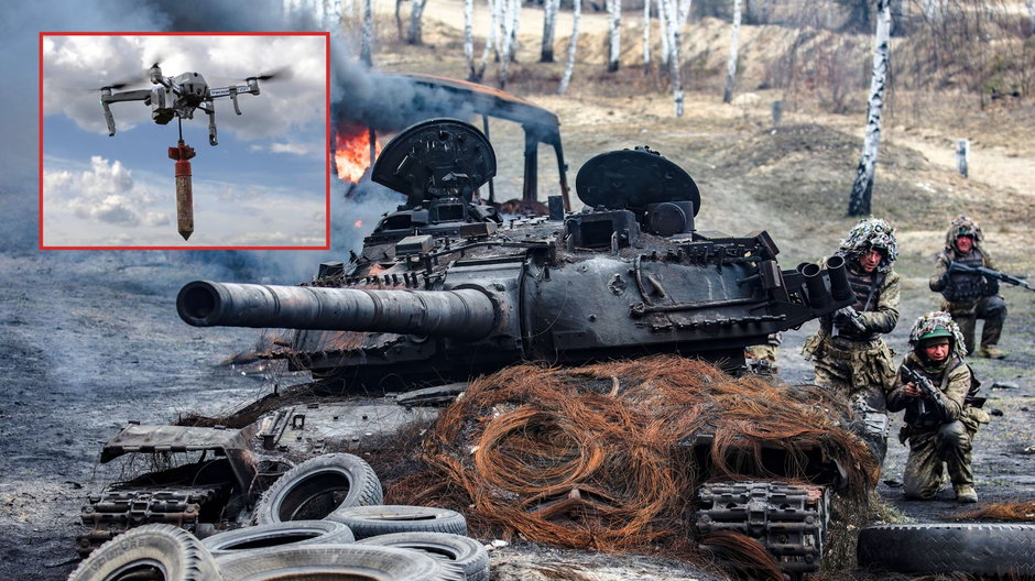 Ukraińscy żołnierze przy spalonym wraku czołgu oraz dron z podczepionym ładunkiem wybuchowym