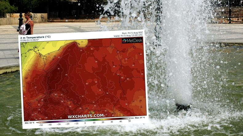 W piątek temperatura może przekroczyć 35 st. C, ale pojawią się groźne burze (mapa: wxcharts.com)