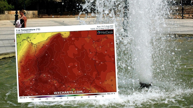 W piątek temperatura może przekroczyć 35 st. C, ale pojawią się groźne burze (mapa: wxcharts.com)