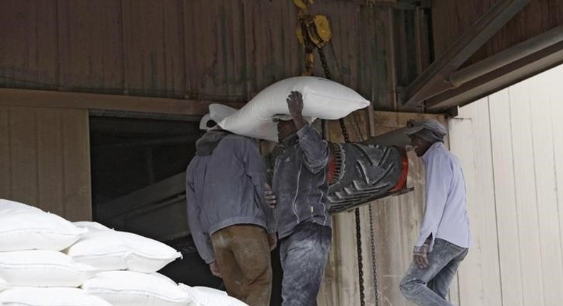 Workers load flour at a mill for Libyan grains in Tripoli February 11, 2015.   REUTERS/Ismail Zitouny