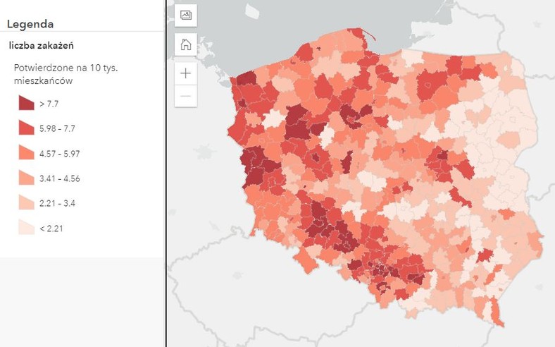 Liczba zakażeń na 10 tys. mieszkańców