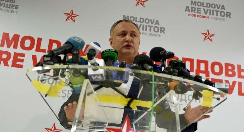 Moldova's presidential candidate Igor Dodon speaks after the end of voting in Chisinau on November 13, 2016