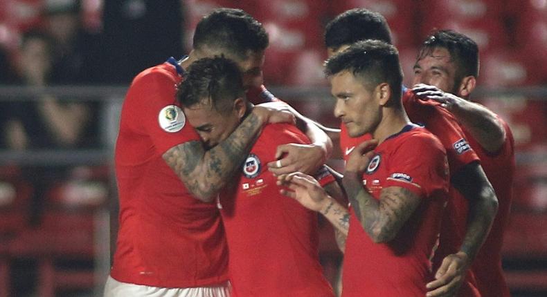 Eduardo Vargas celebrates after his goals help Chile defeat Japan 4-0 in the Copa America