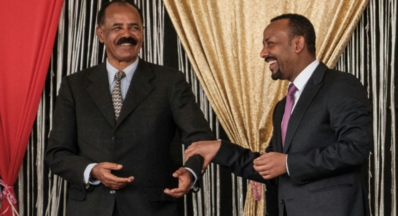 Eritrea's President Isaias Afwerki (L) and Ethiopia's Prime Minister Abiy Ahmed first met last year