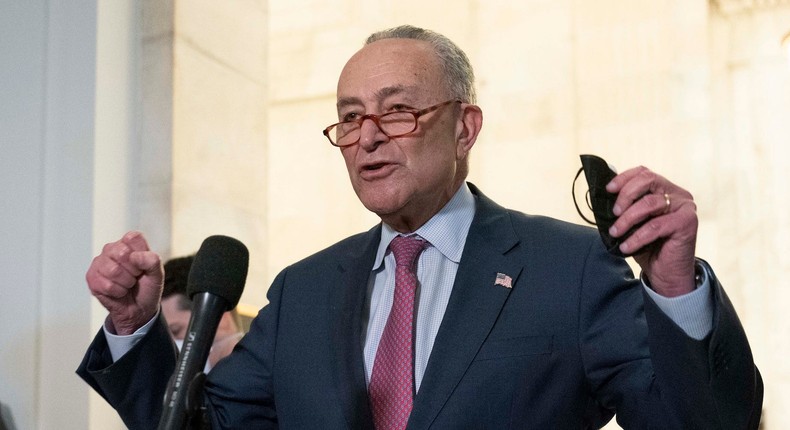 Senate Majority Leader Chuck Schumer, D-NY, speaks to the media after Senate Democrats met privately with President Joe Biden, Thursday, Jan. 13, 2022, on Capitol Hill in Washington