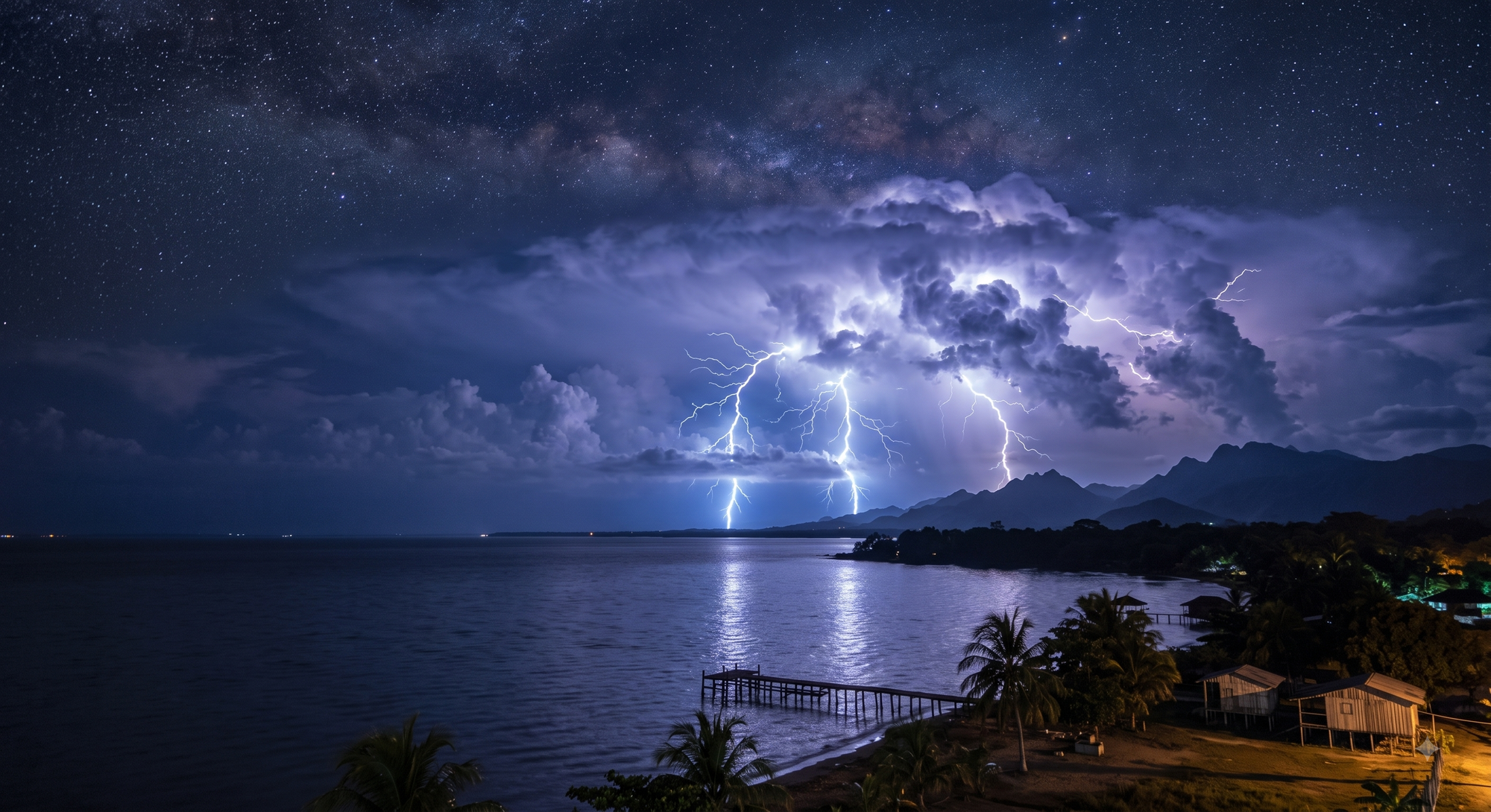 Nočná obloha nad jazerom Maracaibo vo Venezuele, kde sa vďaka jedinečným atmosférickým podmienkam pravidelne objavujú blesky známe ako Catatumbské blesky.