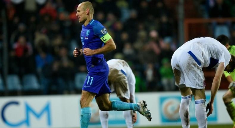 The injury sustained by Arjen Robben (C) while playing for the Netherlands against Luxembourg November 13, 2016was not as serious as originally thought