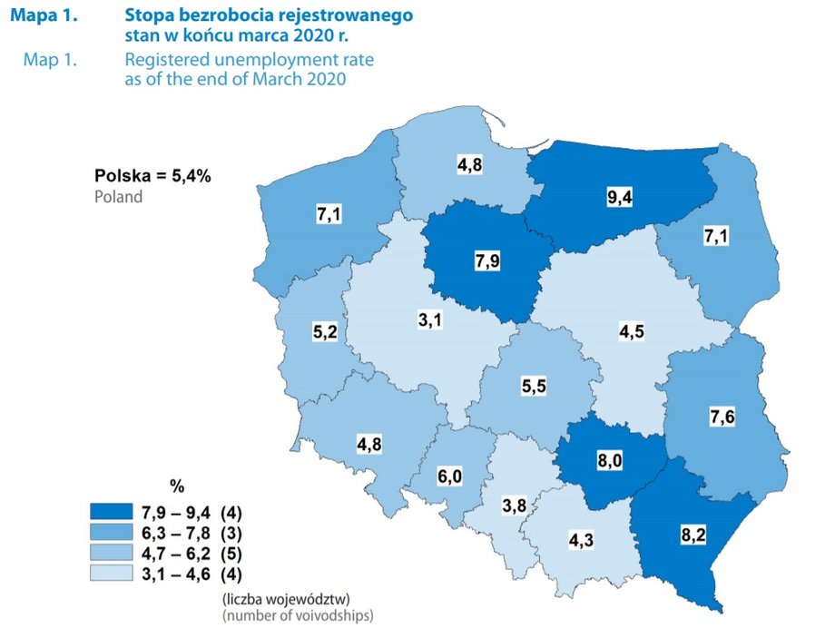 Stopa bezrobocia rejestrowanego. Stan w końcu marca 2020 r