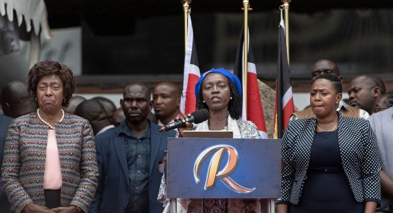 Newly announced running mate of the Azimio coalition presidential flag-bearer, Raila Odinga (not in picture), Martha Karua (2-R) gives her acceptance speech flanked her supporters in Nairobi on May 16, 2022. (Photo by TONY KARUMBA/AFP via Getty Images)
