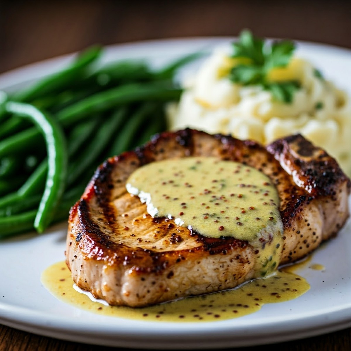 Grilled,Pork,Chip,Herb,Dijon,Mustard,Cream,Sauce,Mashed,Potato