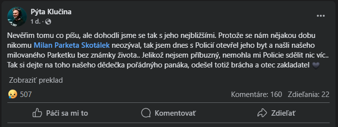 Petr Klučina na sociálnej sieti oznámil, že zomrel Milan Parketa Skotálek.
