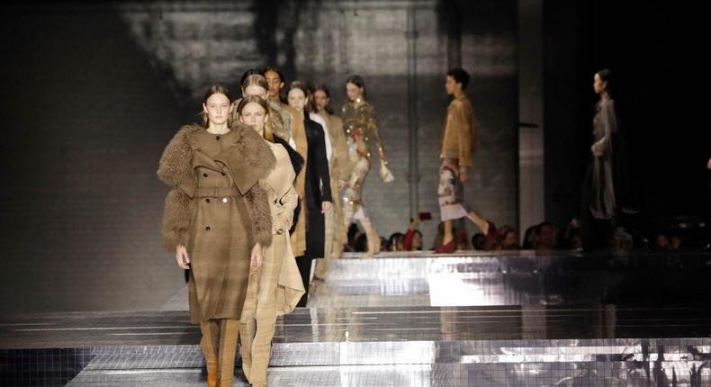 Models showcase Burberry's latest designs during London Fashion Week February 2020.
