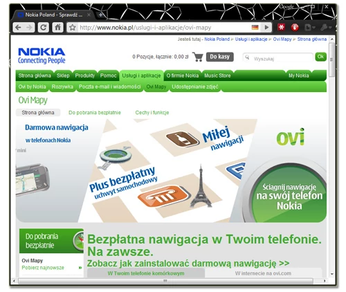 Jeśli nasza komórka nie ma najnowszej wersji oprogramowania nawigacyjnego Ovi Mapy, możemy pobrać je za darmo ze strony www.nokia.pl lub korzystając z pakietu do aktualizacji oprogramowania komórki