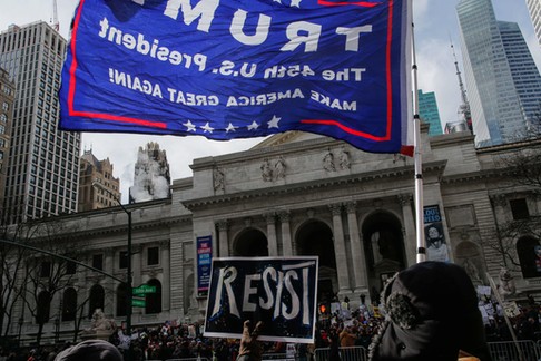 U.S. president Trump's supporters fight with Protesters during march in New York