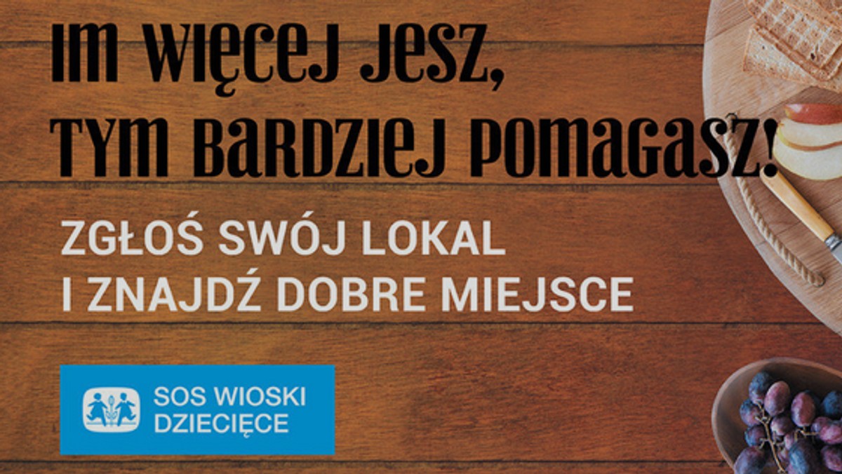 Czy jedząc posiłek w restauracji możesz wesprzeć edukację dzieci? Otóż tak! Wystarczy, że 1 września odwiedzisz jeden z lokali biorących udział w akcji "Im więcej jesz, tym bardziej pomagasz". 10% Twojego rachunku zostanie przekazane na zajęcia wyrównawcze dla podopiecznych Stowarzyszenia SOS Wioski Dziecięce w Polsce.