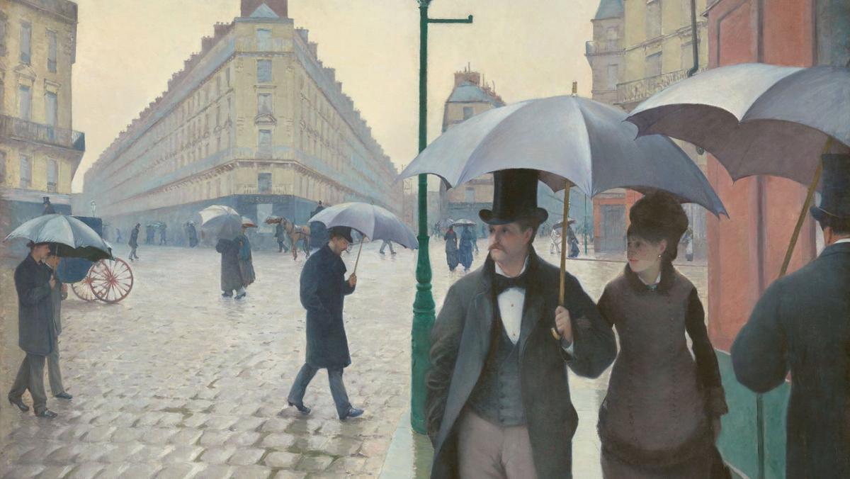 Gustave Caillebotte, „Paryska ulica. Deszczowy dzień, 1877, olej na płótnie; 212,2 × 276,2 cm,  Art Institute, Chicago 
