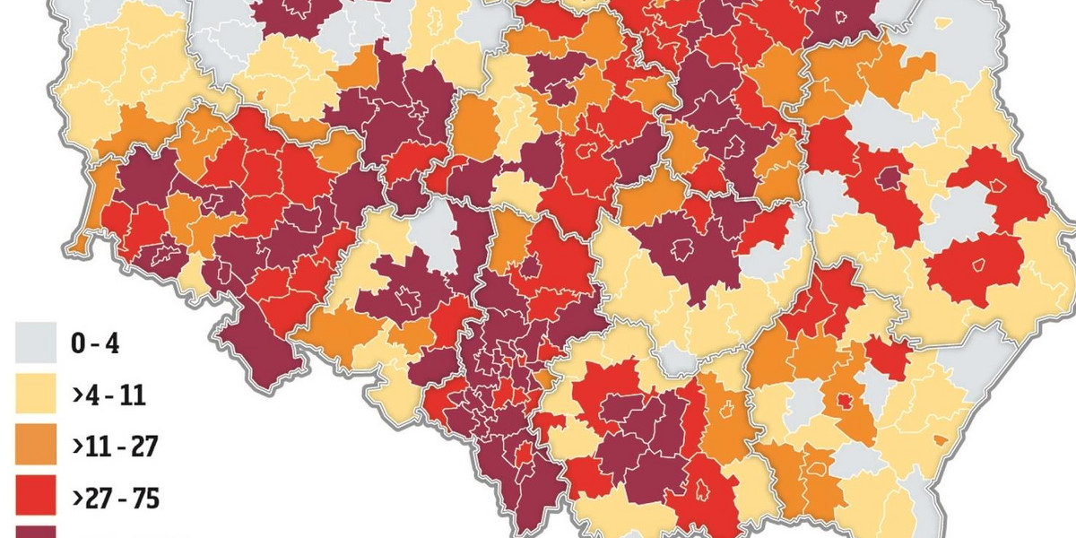 Liczba potwierdzonych przypadków z poszczególnych powiatów wg Dane-i-analizy.pl