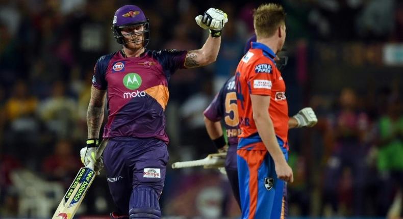 Rising Pune Supergiants cricketers Ben Stokes celebrates hitting a 63-ball 103 for a maiden Twenty20 century