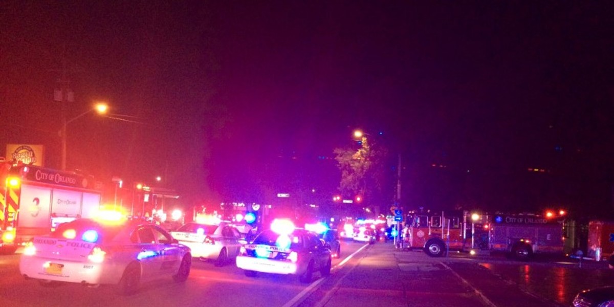 Police cars and fire trucks outside the Pulse nightclub in Orlando, Florida.