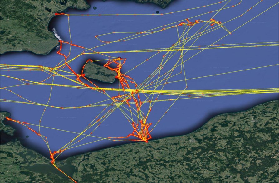 Dane dotyczące śledzenia wszystkich statków z sygnałem AIS w pobliżu wyspy Bornholm, wrzesień 2022 r.