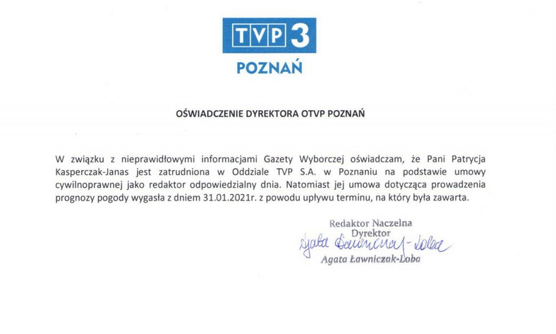 Oświadczenie TVP ws. Patrycji Kasperczak