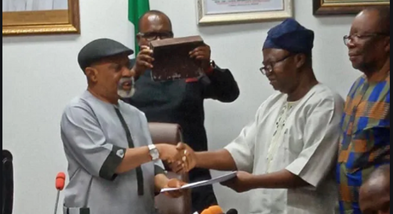 The negotiations to end the strike were led by the Minister of Labour and Employment, Chris Ngige (left), and the President of the Academic Staff Union of Universities (ASUU), Prof Biodun Ogunyemi [Legit]