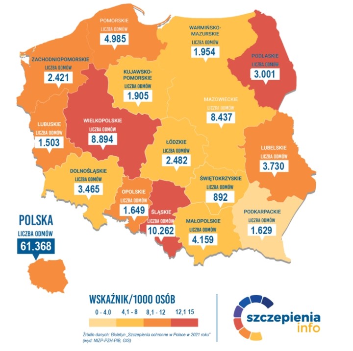 LIczba odmów szczepień w 2021 r. z podziałem na województwa