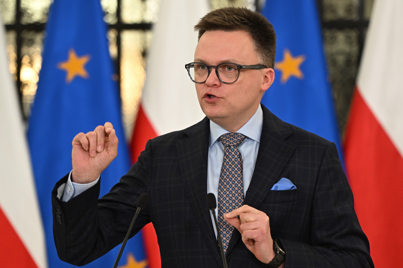Marszałek Sejmu Szymon Hołownia na konferencji prasowej w Sejmie (24.01.2024).