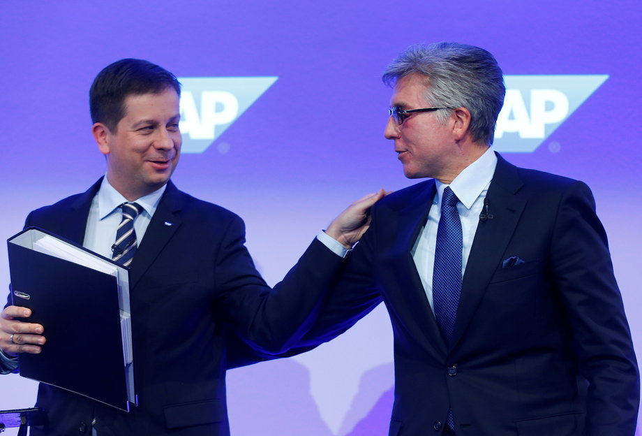 SAP SE CEO Bill McDermott (R) and CFO Luka Mucic attend the company's annual results press conference in Walldorf, Germany.