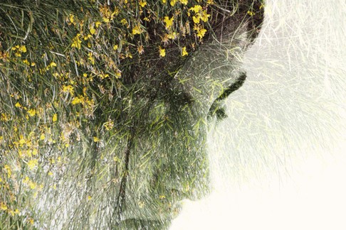 Double exposure of a young woman's face & flowers