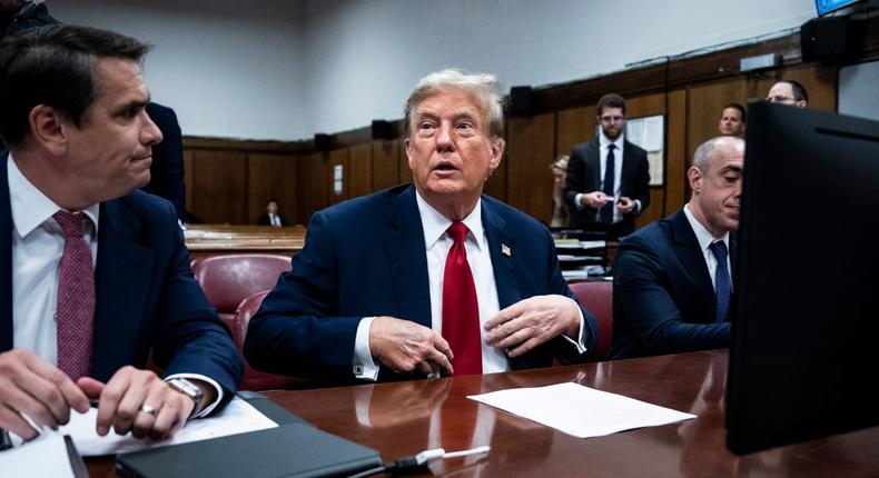 Former President Donald Trump with his lawyers in Manhattan Supreme Court.Jabin Botsford-Pool/Getty Images