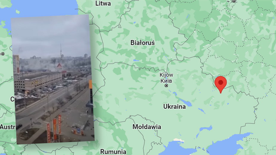 Mapa Ukrainy (czerwoną pinezką zaznaczony jest Charków) oraz screen z wideo z ostrzelania Charkowa