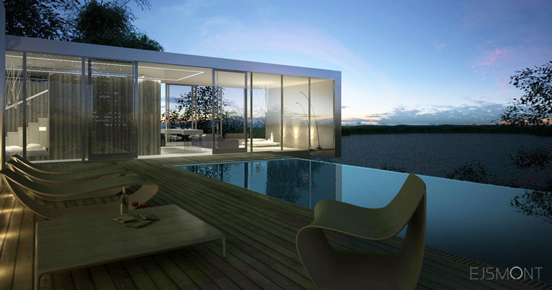 Dom minimalistyczny z przeszkleniami, nad jeziorem - projekt Ejsmont