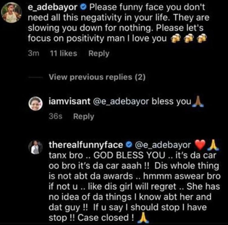 Screenshot of Adebayor's comment