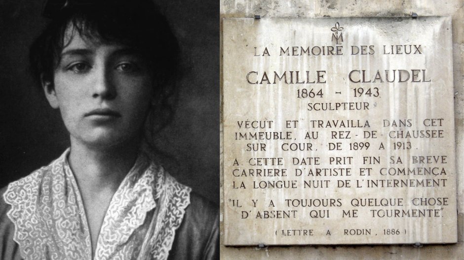 Camille Claudel i tablica pamiątkowa poświęcona rzeźbiarce przy 19 quai de Bourbon w Paryżu (ostatnie miejsce pobytu przed wywiezieniem do Ville-Evrard)