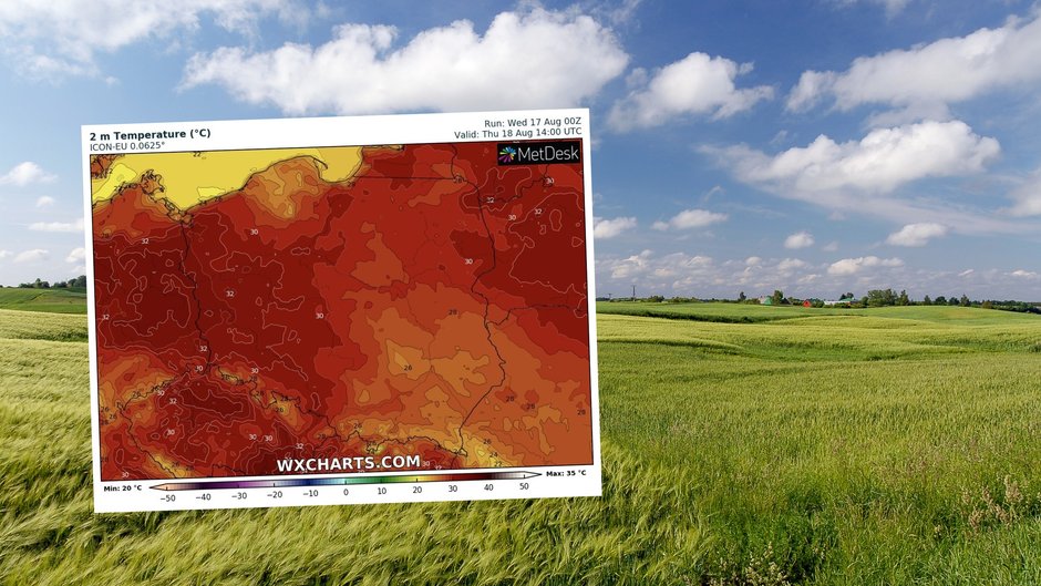 W czwartek burz będzie niewiele, a temperatura sięgnie prawie 35 st. C (mapa: wxcharts.com)