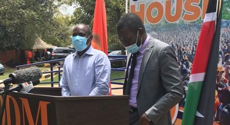 ODM Chairman John Mbadi with Secretary-General Edwin Sifuna during a press address at Chungwa House