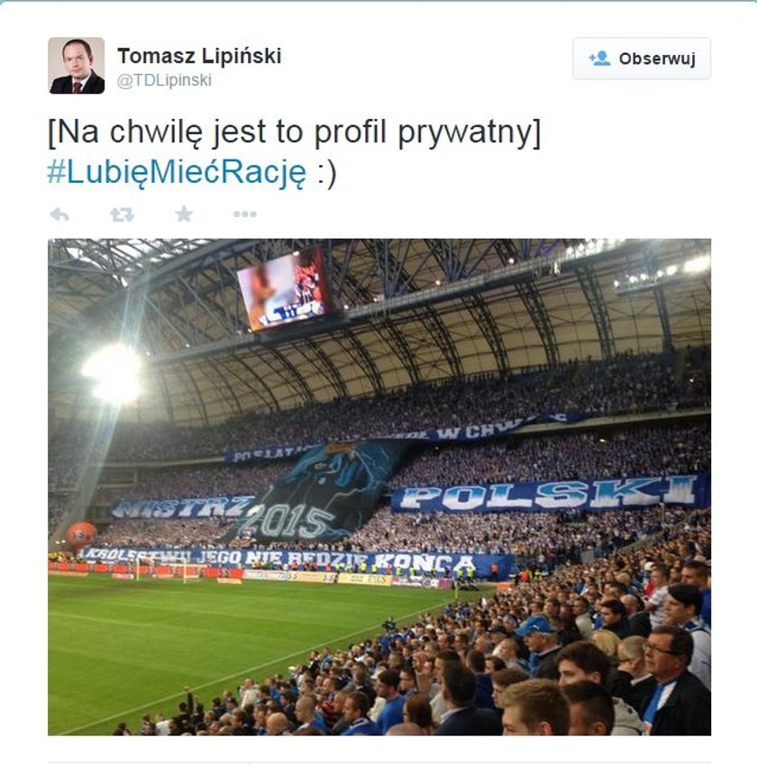 Radny PO, Tomasz Lipiński, cieszy się z triumfu Lecha Poznań!