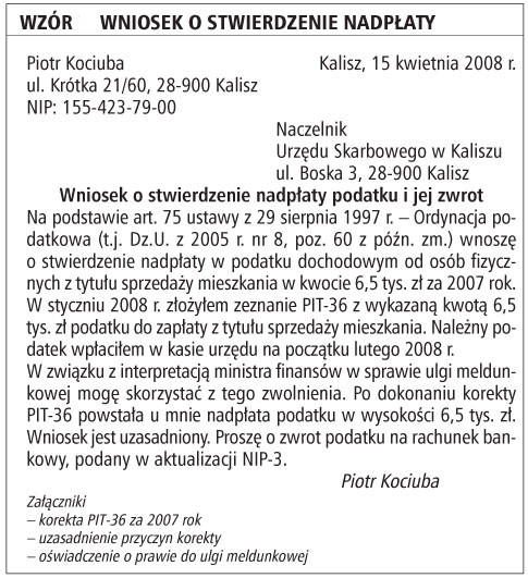 Wzór 2: wniosek o stwierdzenie nadpłaty