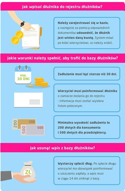 Jak wpisać dłużnika do rejestru, jak usunąć wpis z bazy dłużników - infografika