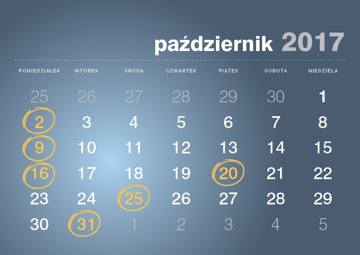 <strong>2 października 2017 roku</strong>
<br><br>Termin złożenia deklaracji VAT-11 - osoby fizyczne, osoby prawne lub jednostki organizacyjne niemające osobowości prawnej, niebędące podatnikami VAT i niemające obowiązku składania deklaracji VAT-7, VAT-7K lub VAT-7D, dokonujące WDT nowego środka transportu <br><br> 
<br><br>Termin złożenia deklaracji VAT-REF <br><br> 
<strong>9 października 2017 roku</strong>
<br><br> Termin złożenia deklaracji CIT-7 <br><br>
<br><br> Termin przekazania przez płatnika, o którym mowa w art. 26 ust 1 CIT, pobranego zryczałtowanego podatku<br><br> 
<br><br> Termin przekazania przez płatnika podatku od należności wypłaconych osobom niemającym w RP miejsca zamieszkania/siedziby z tytułu art. 21 ust 1 i art. 22 ust 1 CIT   <br><br>
<br><br> Termin płatności podatku w formie karty podatkowej  <br><br>
<br><br> Termin wpłaty pobranego przez płatnika podatku PCC, SD<br><br>
<br><br> Termin złożenia przez płatnika deklaracji: PCC-2, SD-2<br><br> 

<strong>16 października 2017 roku</strong>
<br><br>VAT-UE (nie dotyczy podatników składających VAT-UE w formie elektronicznej <br><br> 

<strong>20 października 2017 roku</strong>
 <br><br>Termin złożenia deklaracji VIN-D, VIU-D<br><br>
<br><br>Termin złożenia informacji CIT-ST <br><br> 
<br><br> Termin płatności zaliczki CIT <br><br> 
<br><br>Termin płatności zaliczki CIT w formie uproszczonej <br><br>
<br><br> Termin złożenia informacji CIT-ST (zaliczki płacone kwartalnie)<br><br> 
<br><br> Termin płatności zaliczki CIT kwartalnej<br><br> 
<br><br> Termin płatności zaliczki PIT wg skali podatkowej<br><br> 
<br><br> Termin płatności zaliczki PIT podatek liniowy<br><br> 
<br><br> Termin płatności zaliczki PIT w formie uproszczonej<br><br> 
<br><br> Termin płatności zaliczki PIT przez podatników uzyskujących dochody bez pośrednictwa płatnika<br><br> 
<br><br> Termin płatności ryczałtu od przychodów ewidencjonowanych<br><br> 
<br><br> Termin wpłaty pobranych przez płatnika zaliczek PIT i zryczałtowanego podatku PIT od kwot wypłaconych<br><br>
<br><br>  Termin płatności zaliczki PIT kwartalnej<br><br> 
<br><br> Termin płatności ryczałtu od przychodów ewidencjonowanych kwartalnego<br><br> 
 <br><br> Termin płatności ryczałtu od przychodów osób duchownych<br><br> 
 
<strong>25 października 2017 roku</strong>
<br><br>Termin złożenia informacji VAT-27<br><br>
<br><br> Termin złożenia deklaracji VAT-7<br><br> 
<br><br> Termin złożenia deklaracji VAT-8 - przy wewnątrzwspólnotowym nabyciu powyżej 10000 Euro<br><br> 
<br><br> Termin złożenia deklaracji VAT-9M<br><br> 
<br><br> Termin złożenia deklaracji VAT-12 w zakresie usług taksówek osobowych opodatkowanych w formie ryczałtu<br><br> 
<br><br> Termin złożenia deklaracji VAT-13 - rozliczenie transakcji wewnątrzwspólnotowych dostaw towarów podatników, którego dokonuje przedstawiciel podatkowy w imieniu własnym i na rzecz podatników<br><br>
<br><br>Termin złożenia deklaracji VAT-7D<br><br>
<br><br>Termin złożenia deklaracji VAT-7K - mali podatnicy<br><br>
<br><br>Termin złożenia deklaracji VAP-1<br><br>
<br><br> Termin płatności podatku VAT<br><br> 
<br><br>Termin płatności zaliczek na podatek VAT za pierwszy oraz za drugi miesiąc kwartału na podstawie art. 103 ust. 2a VAT <br><br> 
<br><br>Termin płatności podatku VAT kwartalnie<br><br>
<br><br>Termin złożenia deklaracji VAT-UE WYŁĄCZNIE drogą elektroniczną <br><br> 
<strong>31 października 2017 roku</strong>
<br><br>Termin złożenia deklaracji VAT-11 - osoby fizyczne, osoby prawne lub jednostki organizacyjne niemające osobowości prawnej, niebędące podatnikami VAT i niemające obowiązku składania deklaracji VAT-7, VAT-7K lub VAT-7D, dokonujące WDT nowego środka transportu<br><br>