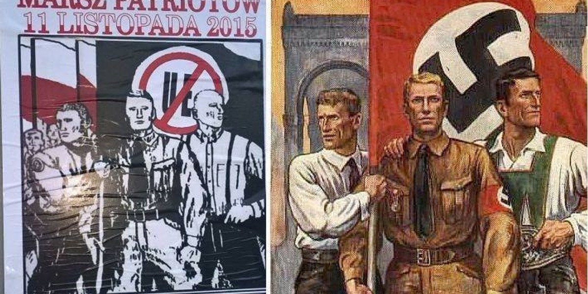 Plakat nacjonalistów w nazistowskiej stylizacji