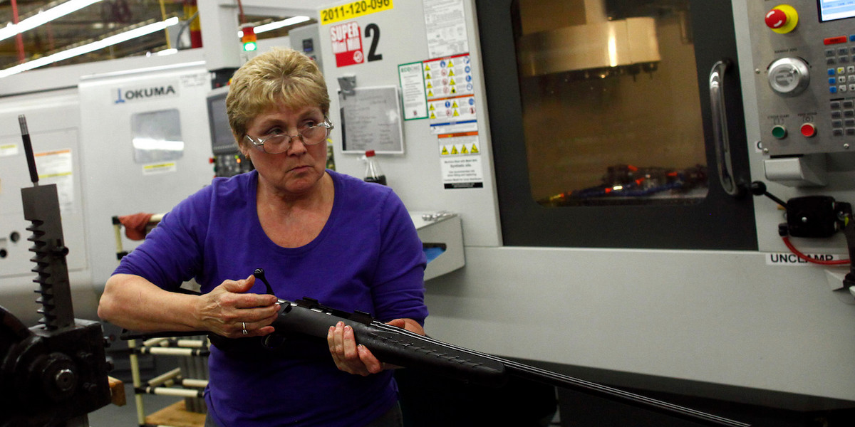 Worker Marilyn MacKay assembles a rifle at the Sturm, Ruger & Co., Inc. gun factory in Newport, New Hampshire January 6, 2012.