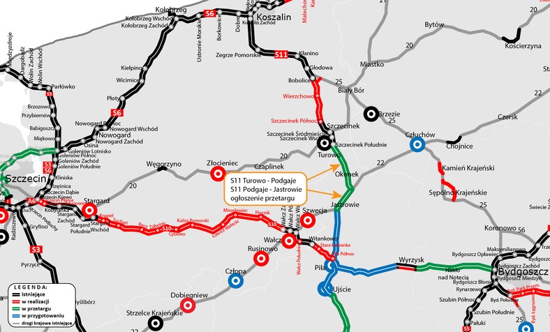 Przetarg na dwa odcinki S11 Turowo - Podgaje - Jastrowie mapa